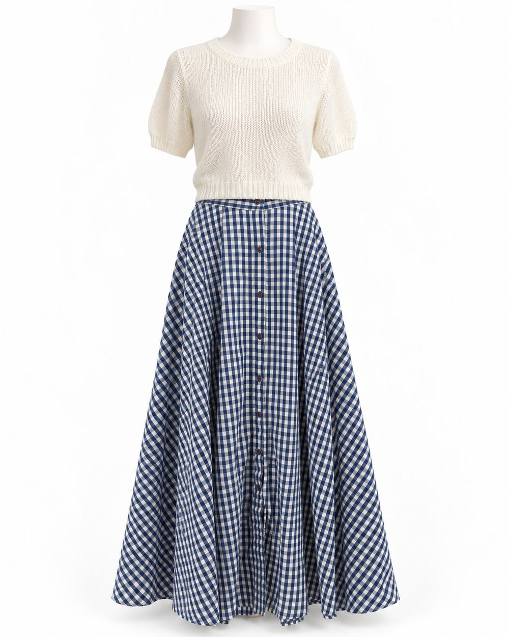 Liz Claiborne Gingham Skirt Blue White Button Front Pockets Cottagecore Womens 8